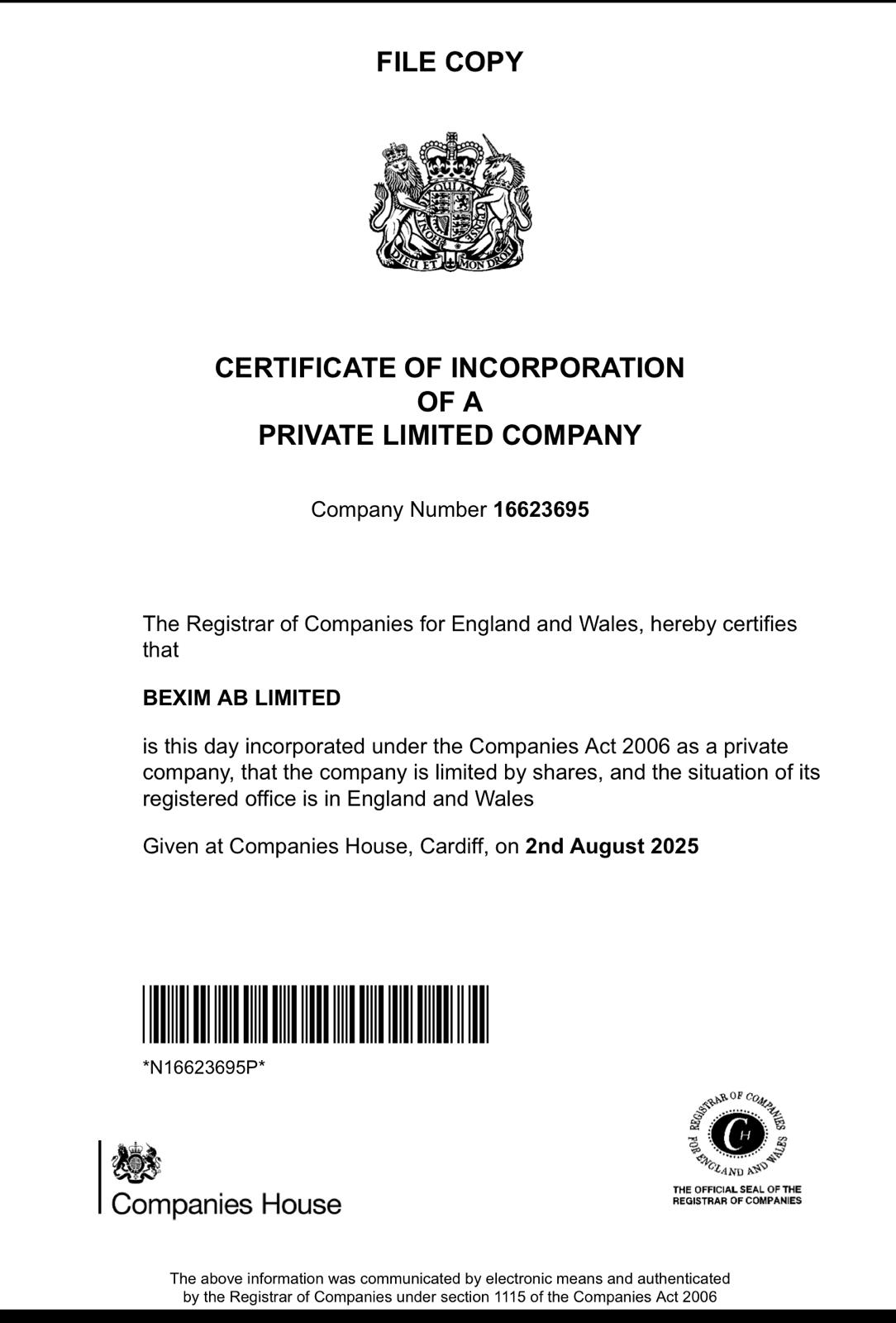Certificate of Incorporation – Bexim AB Limited, Company Number 16623695